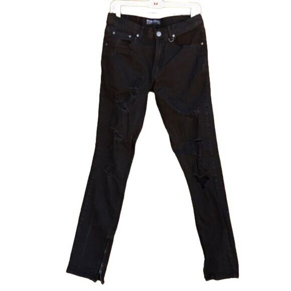 Hyper Denim Punk Slim Fit Distressed Black Goth Side Zip Jeans Skinny Size 30 - Picture 3 of 10